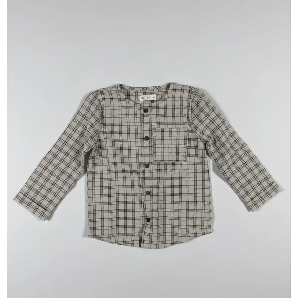 Oliver & Rain Plaid Collarless Button Down Shirt Cream Gray Size 2